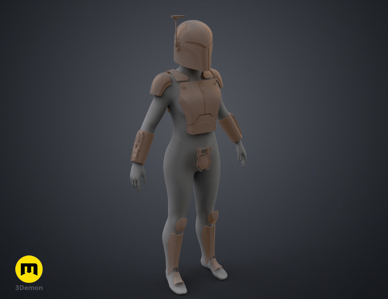 Digital 3D render of Sabine Wren Cosplay Set – Ahsoka, brown armor with grey fabric, full-body suit.