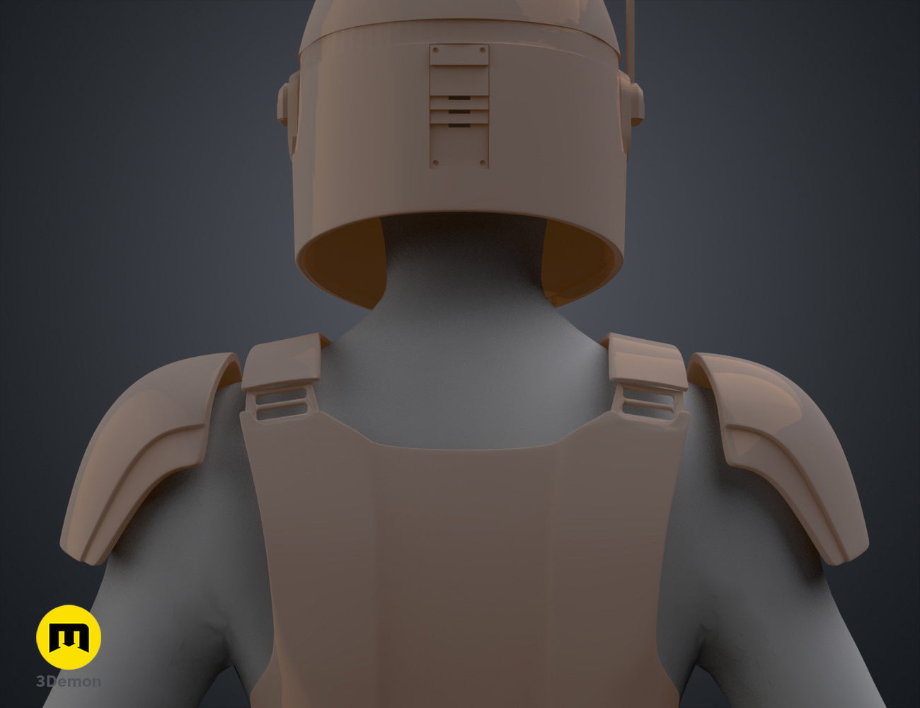 Digital 3D render of Sabine Wren Cosplay Set – Ahsoka, brown helmet with shoulder pauldron, 3D print.