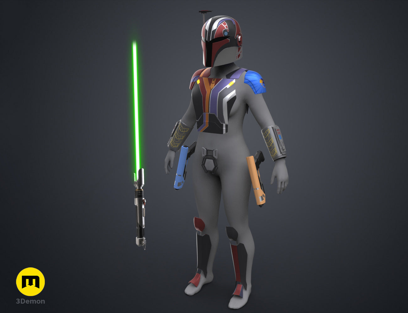 Digital 3D render of Sabine Wren Cosplay Set – Ahsoka, grey lightsaber with green blade, purple/red armor.