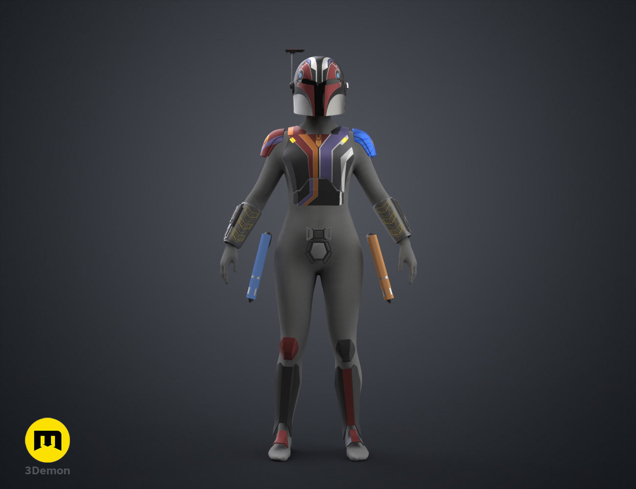 Digital 3D render of Sabine Wren Cosplay Set – Ahsoka, grey suit with red/blue accents, dual blaster grips.