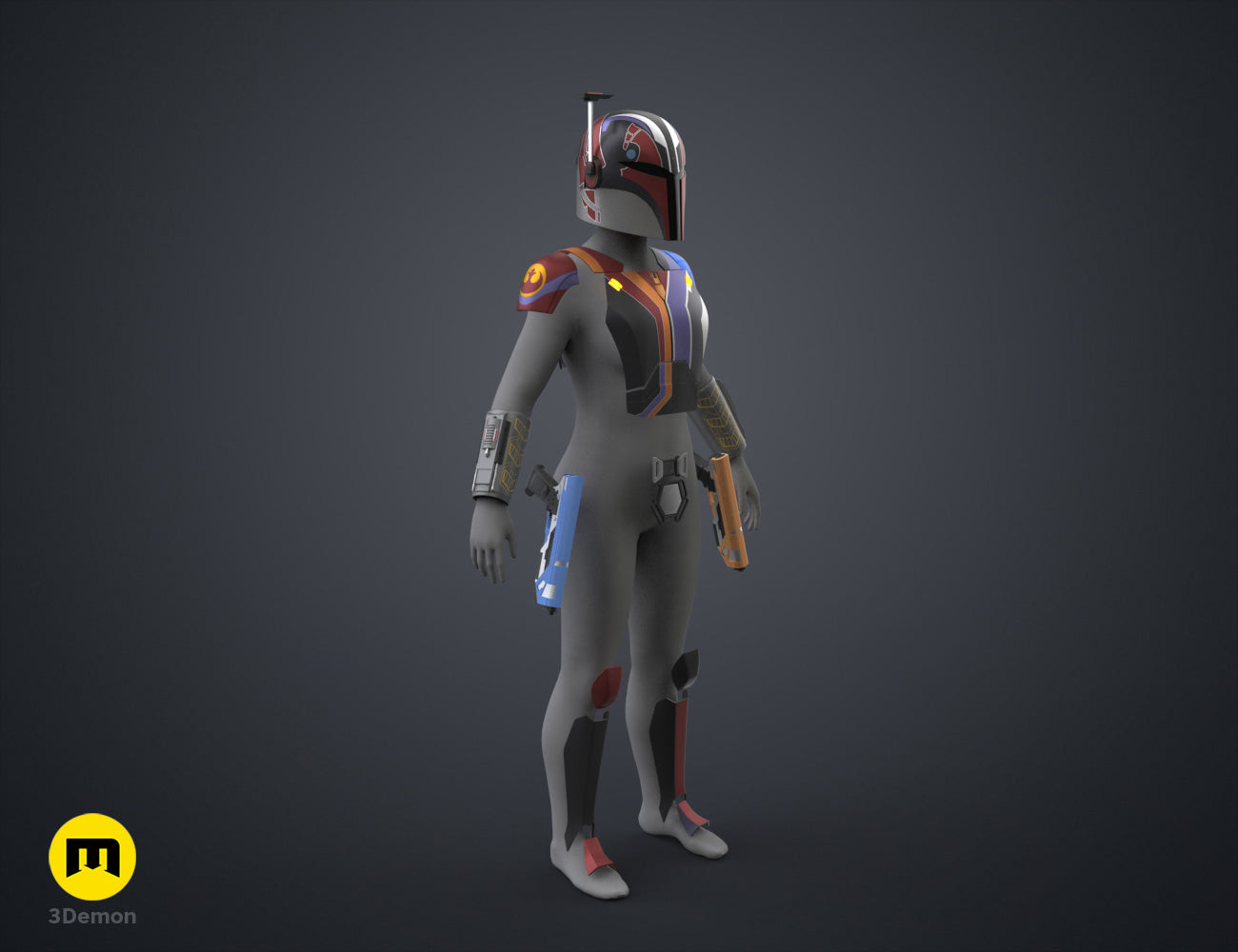 Digital 3D render of Sabine Wren Cosplay Set – Ahsoka, grey suit with red/blue shoulder armor, dual pistols.