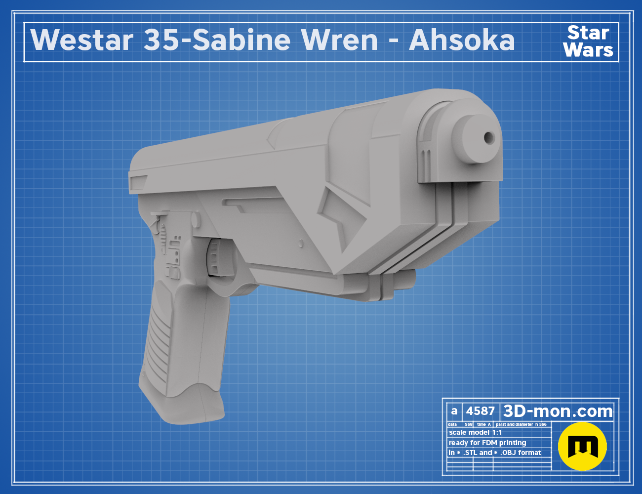 Digital 3D render of Westar-35 Sabine Wren blaster STL, Ahsoka’s grey 3D printed cosplay prop.