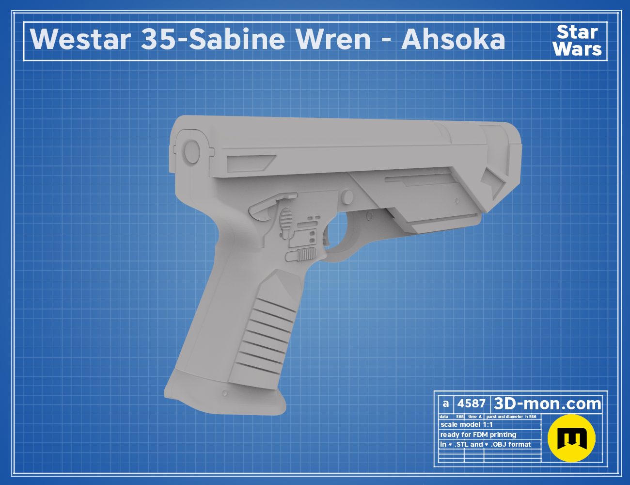 Digital 3D render of Westar-35 Sabine Wren blasters, Ahsoka’s white blaster with grip ridges, printable STL.