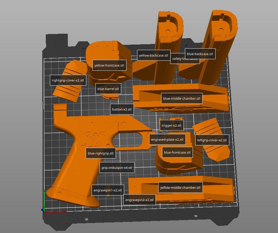 Exploded view of Westar-35 Sabine Wren blasters - Ahsoka STL, 16 color-coded parts, blue/orange blaster halves.