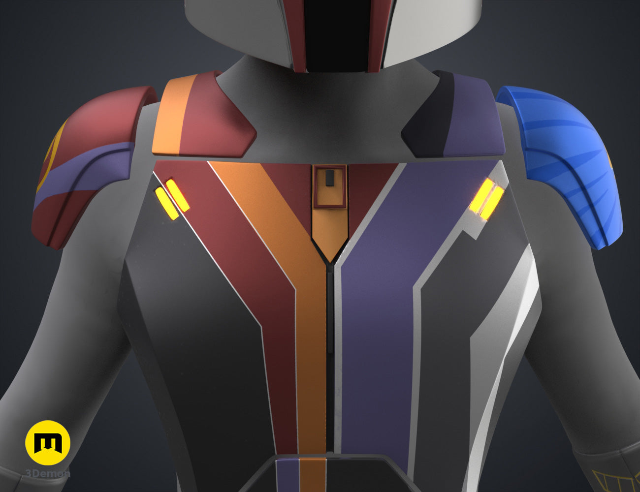Painted 3D render of Sabine Wren Cosplay Set – Ahsoka, grey/blue/red shoulder armor with glowing accents.