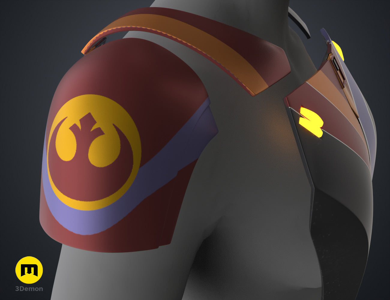 Painted 3D render of Sabine Wren Cosplay Set – Ahsoka, red shoulder pauldron with yellow emblem, 3D printed cosplay p...