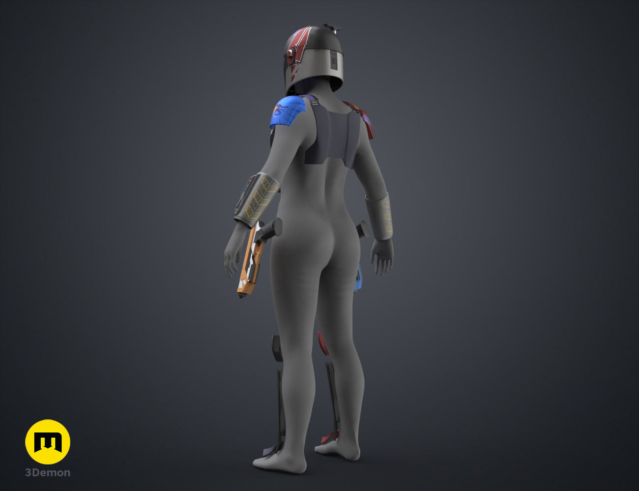 Printable 3D model of Sabine Wren Cosplay Set – Ahsoka, grey suit with blue accents, holding blaster.