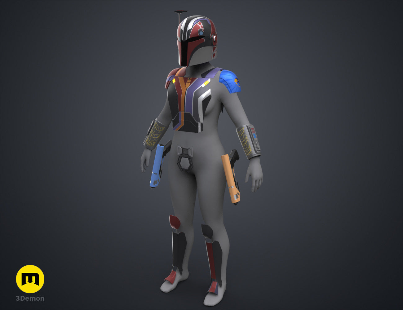 Printable 3D model of Sabine Wren Cosplay Set – Ahsoka, grey suit with blue/red accents, dual pistols.