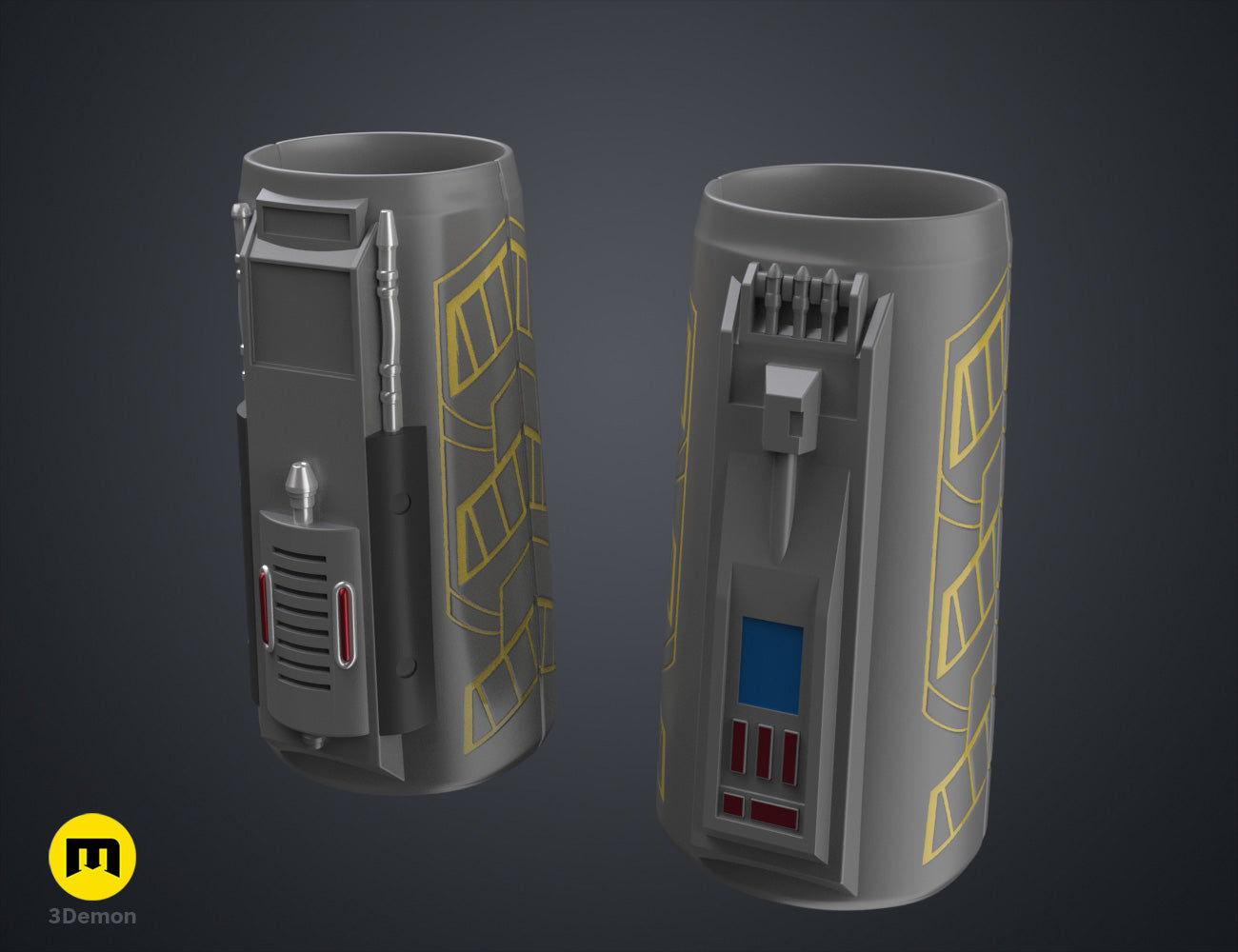 Digital 3D render of Sabine Wren Cosplay Set – Ahsoka, grey cylindrical droid with yellow circuit details, two-part d...