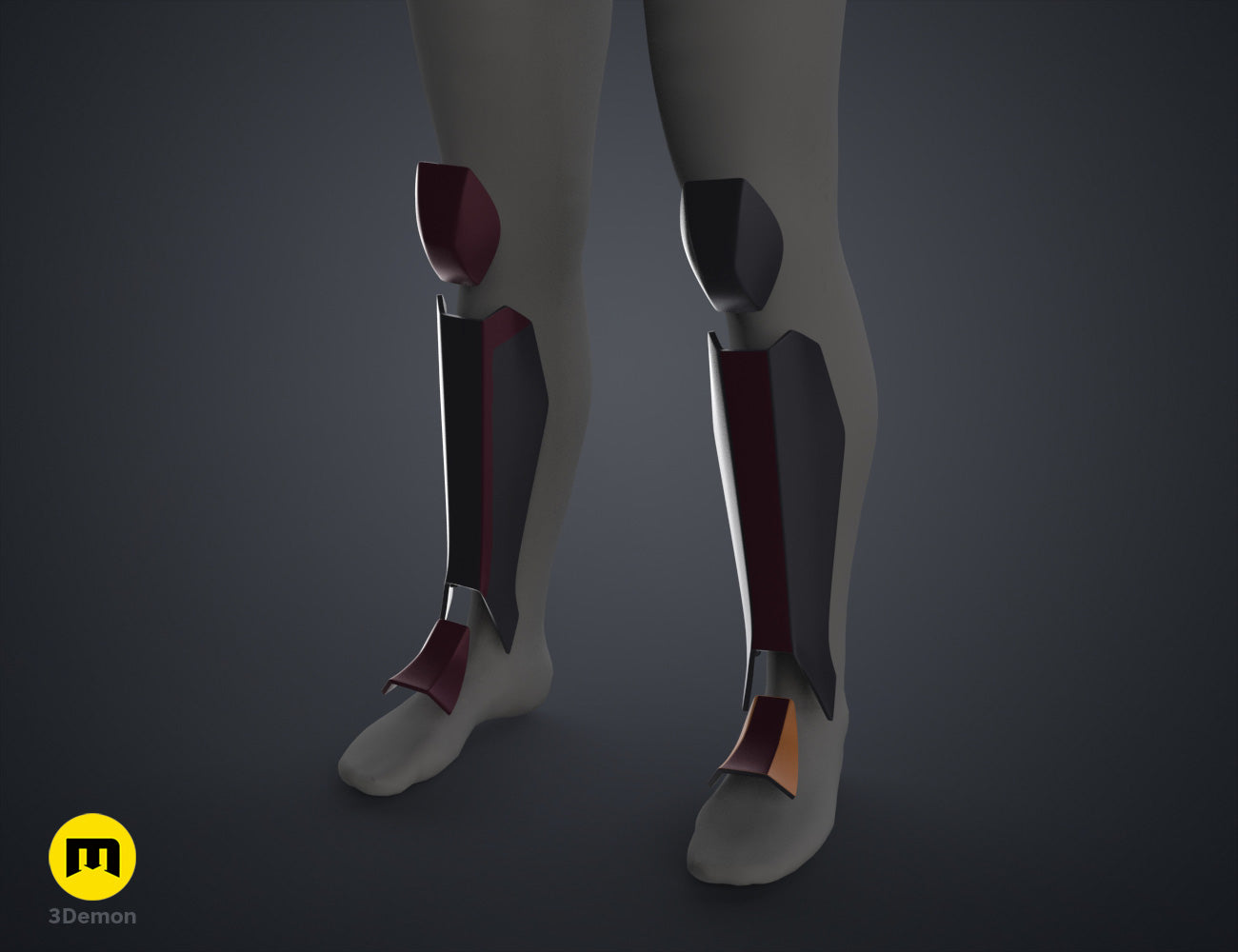 Exploded view of Sabine Wren Cosplay Set – Ahsoka, 3D printed grey and maroon leg armor, 2-part design.