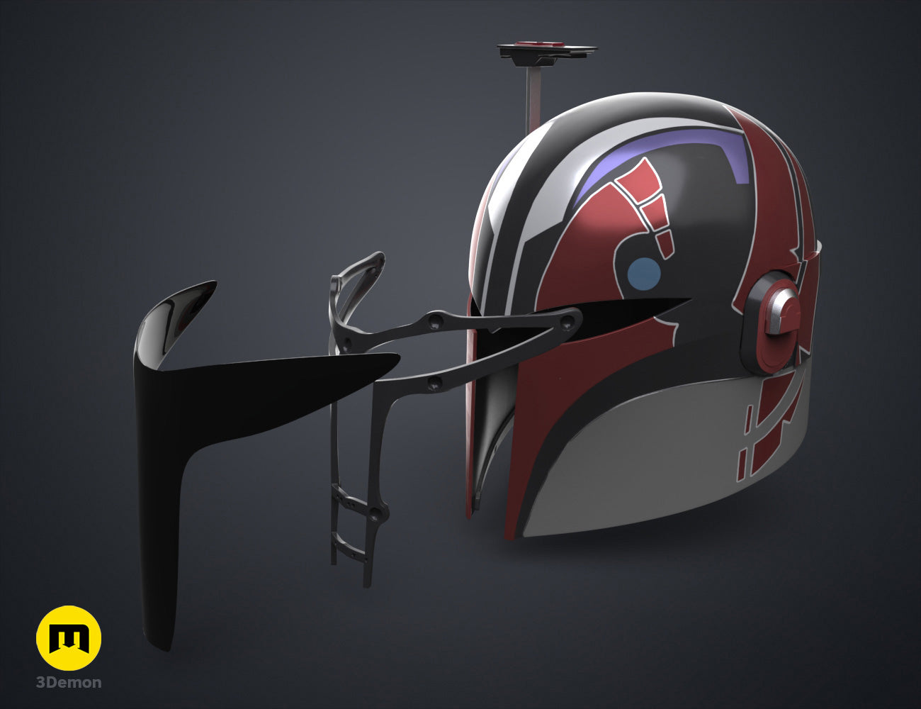 Digital 3D render of Sabine Wren Cosplay Set – Ahsoka, red/black helmet with dual prongs, 3D print.