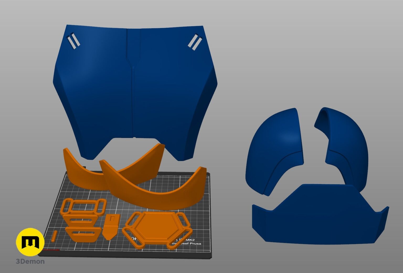 Disassembled parts of Sabine Wren Cosplay Set – Ahsoka, blue and orange 3D printed helmet pieces.