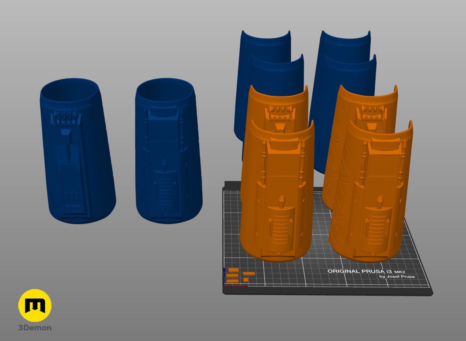 Slicer screenshot of Sabine Wren Cosplay Set STL, orange/blue parts on Prusa i3 MK2 bed