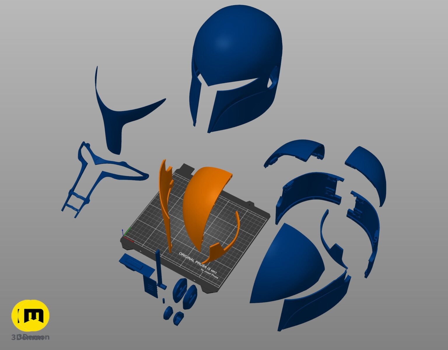 Exploded view of Sabine Wren Cosplay Set – Ahsoka, 3D printed blue helmet with 10+ parts.