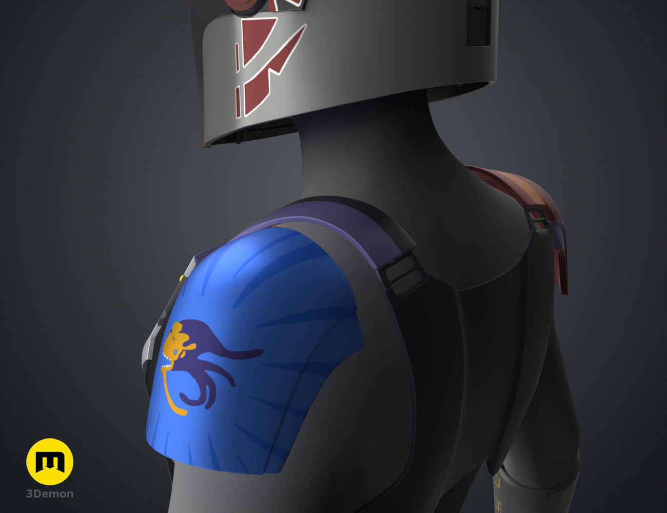Textured 3D render of Sabine Wren Cosplay Set – Ahsoka, blue shoulder armor with yellow emblem, 3D printed cosplay prop.
