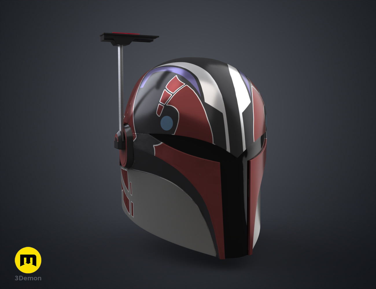 Textured 3D render of Sabine Wren Cosplay Set – Ahsoka, red/black striped helmet with blue visor.