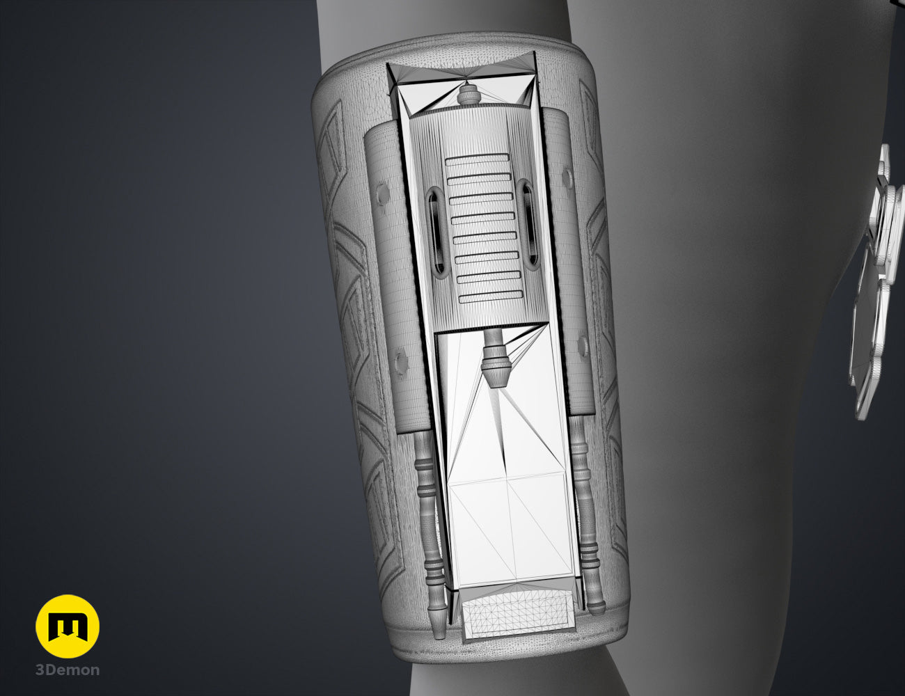 Wireframe mesh render of Sabine Wren Cosplay Set – Ahsoka, grey textured leg armor with 2 prongs, 3D print STL.