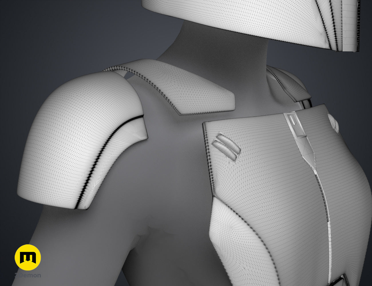 Wireframe mesh render of Sabine Wren Cosplay Set – Ahsoka STL, grey shoulder and chest armor mesh.
