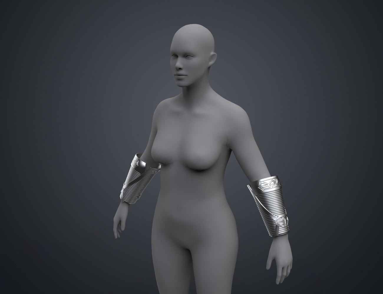 Digital 3D render of Dora Milaje General Bracers - Wakanda Forever, metallic arm guards, 3D print cosplay prop.