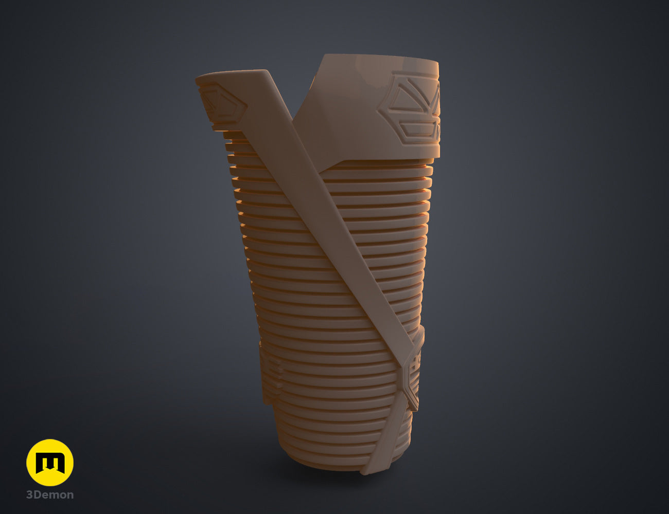 Textured 3D render of Dora Milaje General Bracers Wakanda Forever, brown curved bracer with ridges, cosplay prop.