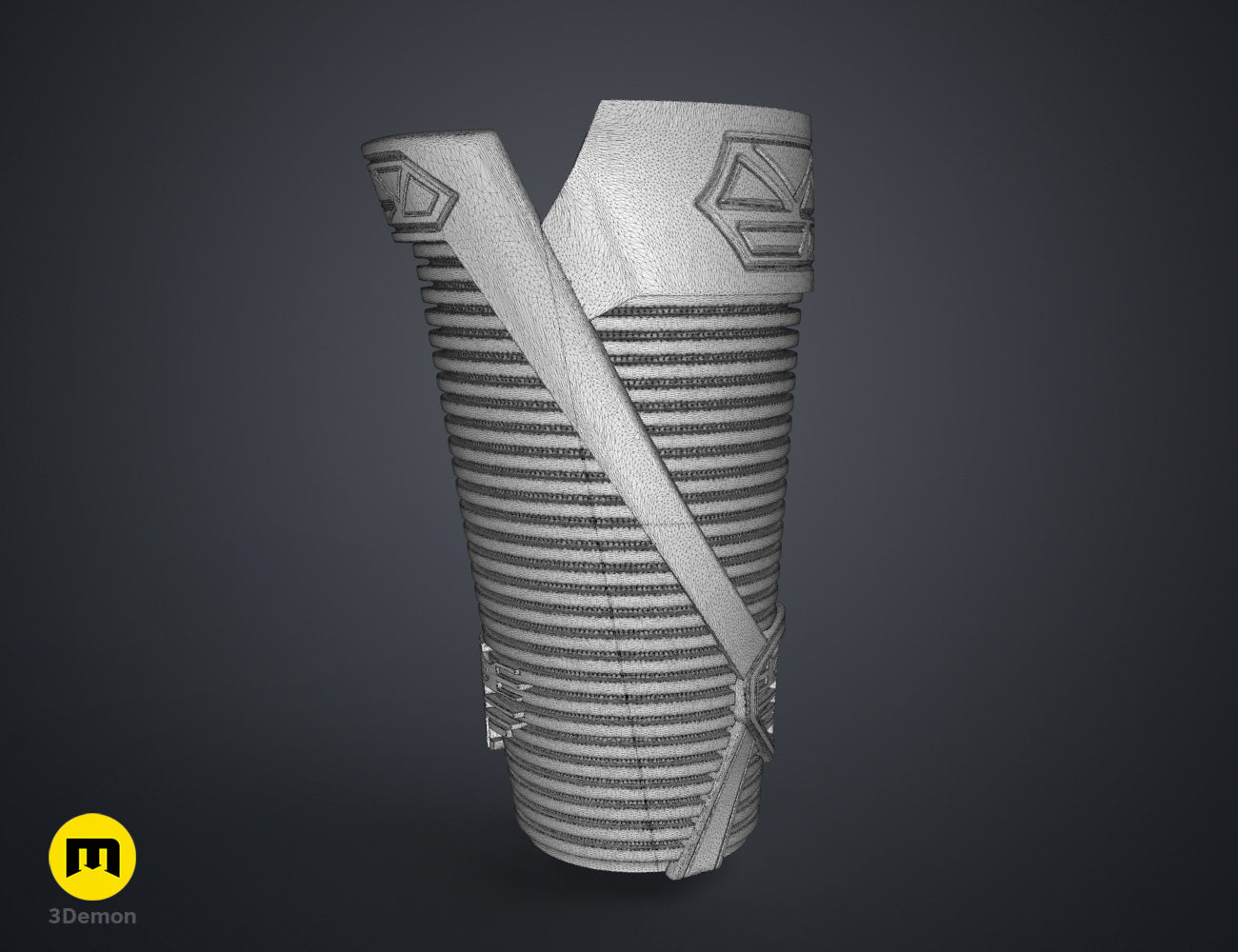 Digital 3D render of Dora Milaje General Bracers - Wakanda Forever, grey striped 3D printed cosplay prop.