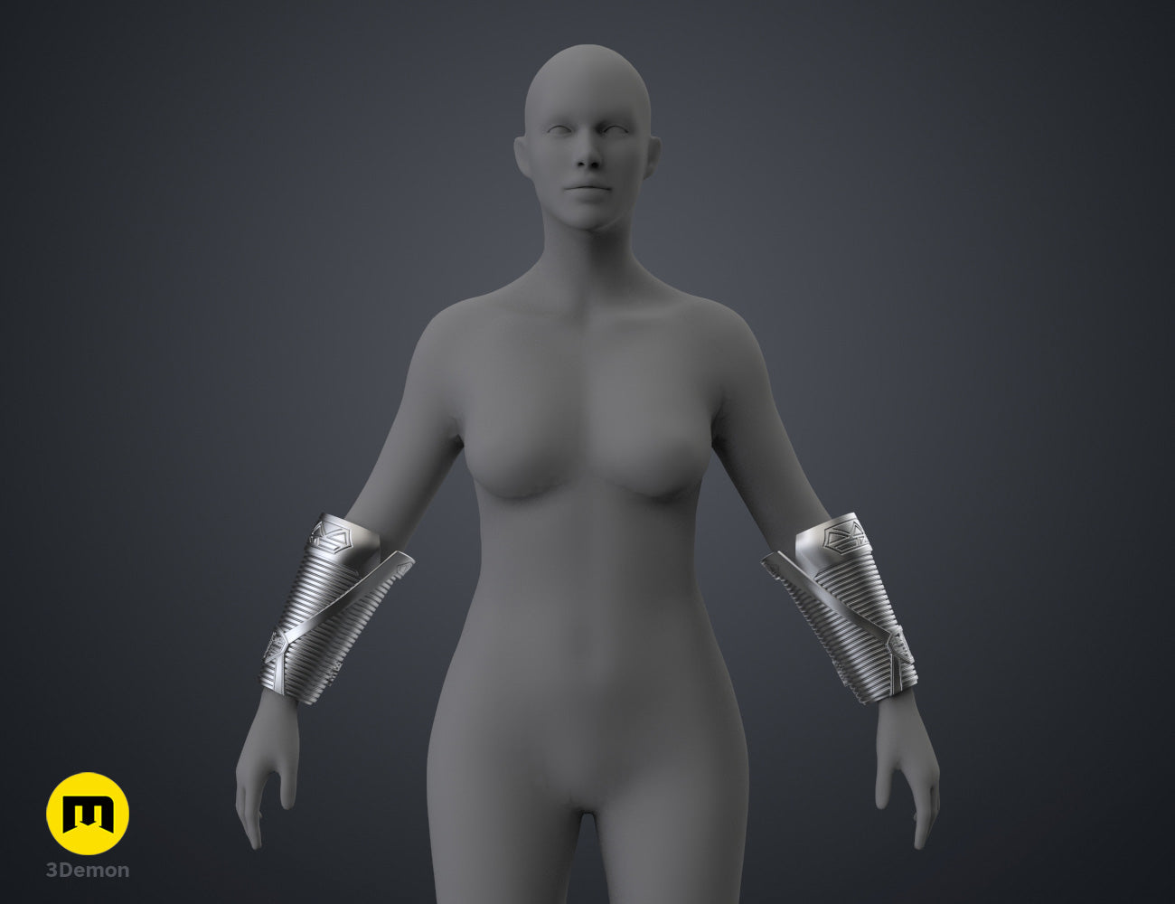 Digital 3D render of Dora Milaje General Bracers - Wakanda Forever, metallic silver 3D printed arm guards.