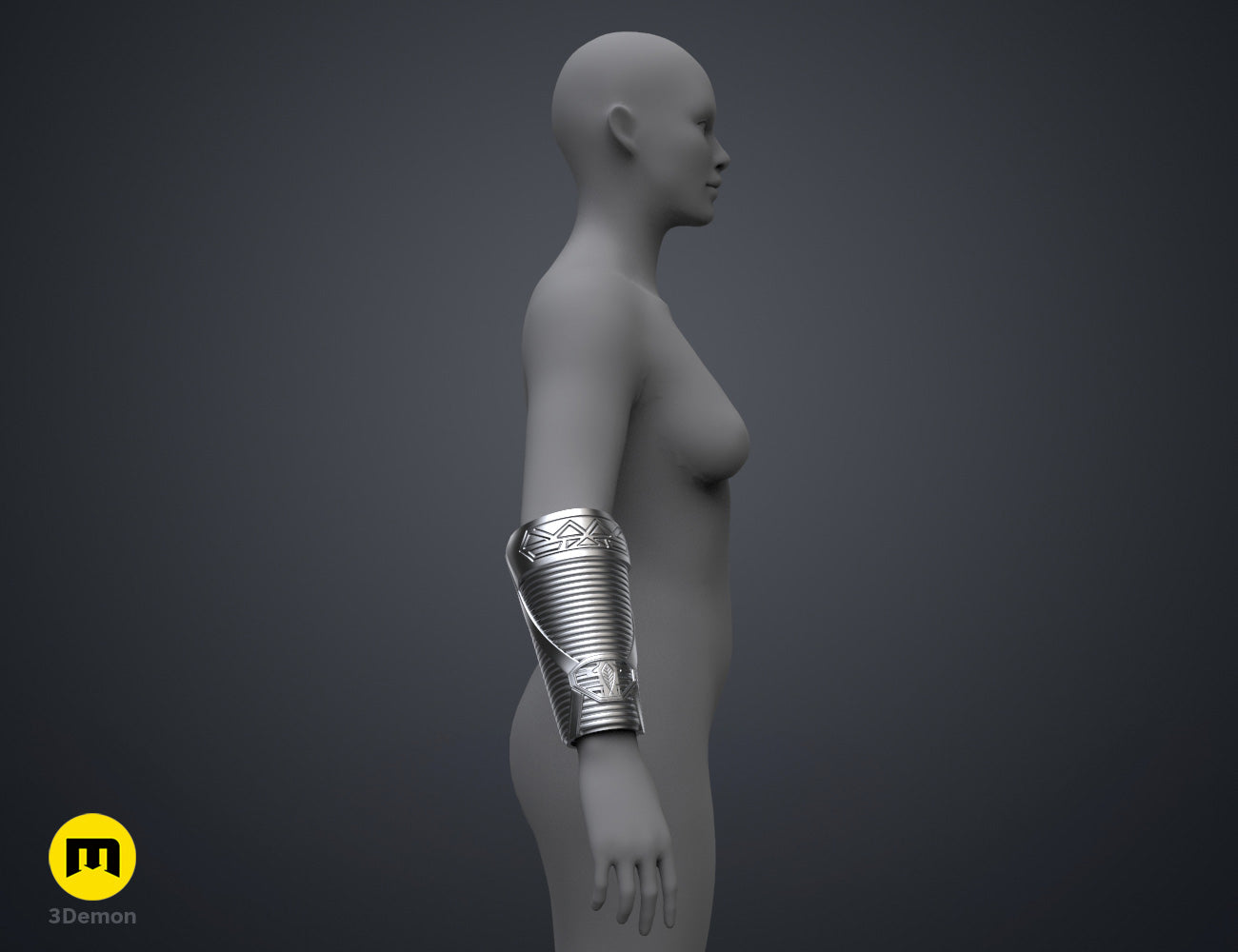 Digital 3D render of Dora Milaje General Bracers - Wakanda Forever, metallic silver arm guards, 3D print.