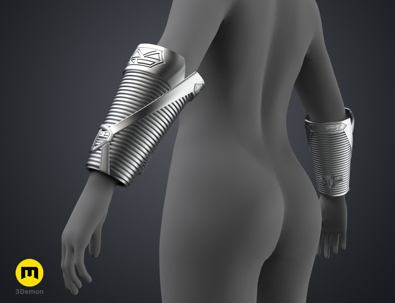 Digital 3D render of Dora Milaje General Bracers - Wakanda Forever, silver textured forearm guards, 3D print.