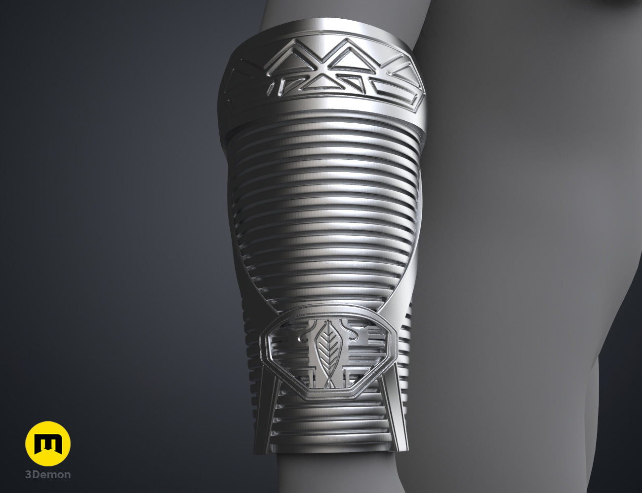 Digital 3D render of Dora Milaje General Bracers - Wakanda Forever, silver armored forearm guards, 3D print.