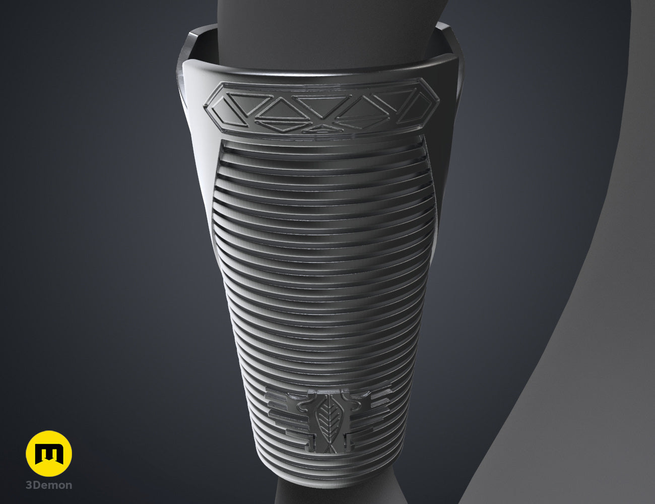 Digital 3D render of Dora Milaje General Bracers STL, sleek black segmented armor for Wakanda Forever cosplay.