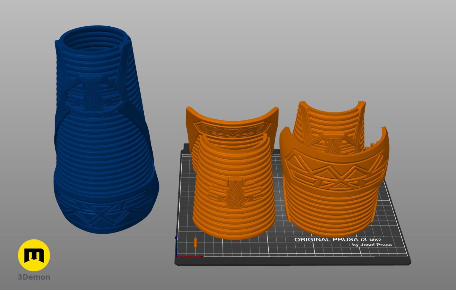 Slicer screenshot of Dora Milaje General Bracers STL, orange/blue layered parts on Prusa bed.