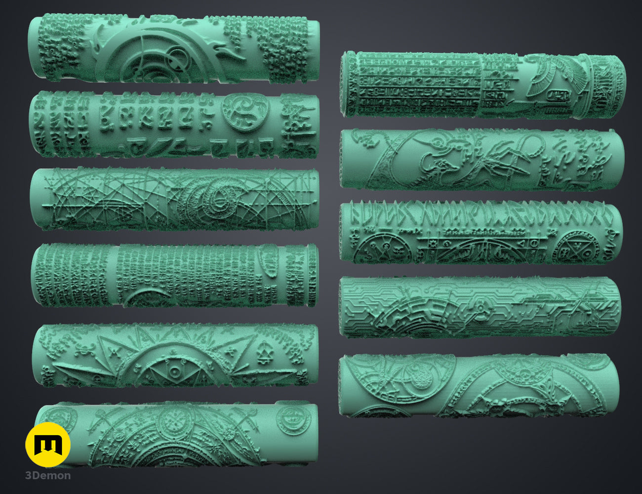 Textured 3D render of DnD terrain rollers - Symbols, 10 intricately carved cylindrical 3D printed pieces.