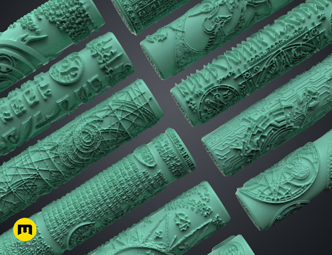 Textured 3D render of DnD terrain rollers - Symbols, intricately carved fantasy symbols, 3D print-ready.