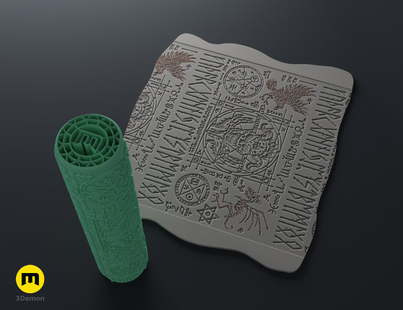 Printable 3D model of DnD terrain rollers - Symbols, grey textured cylindrical roller with intricate designs.