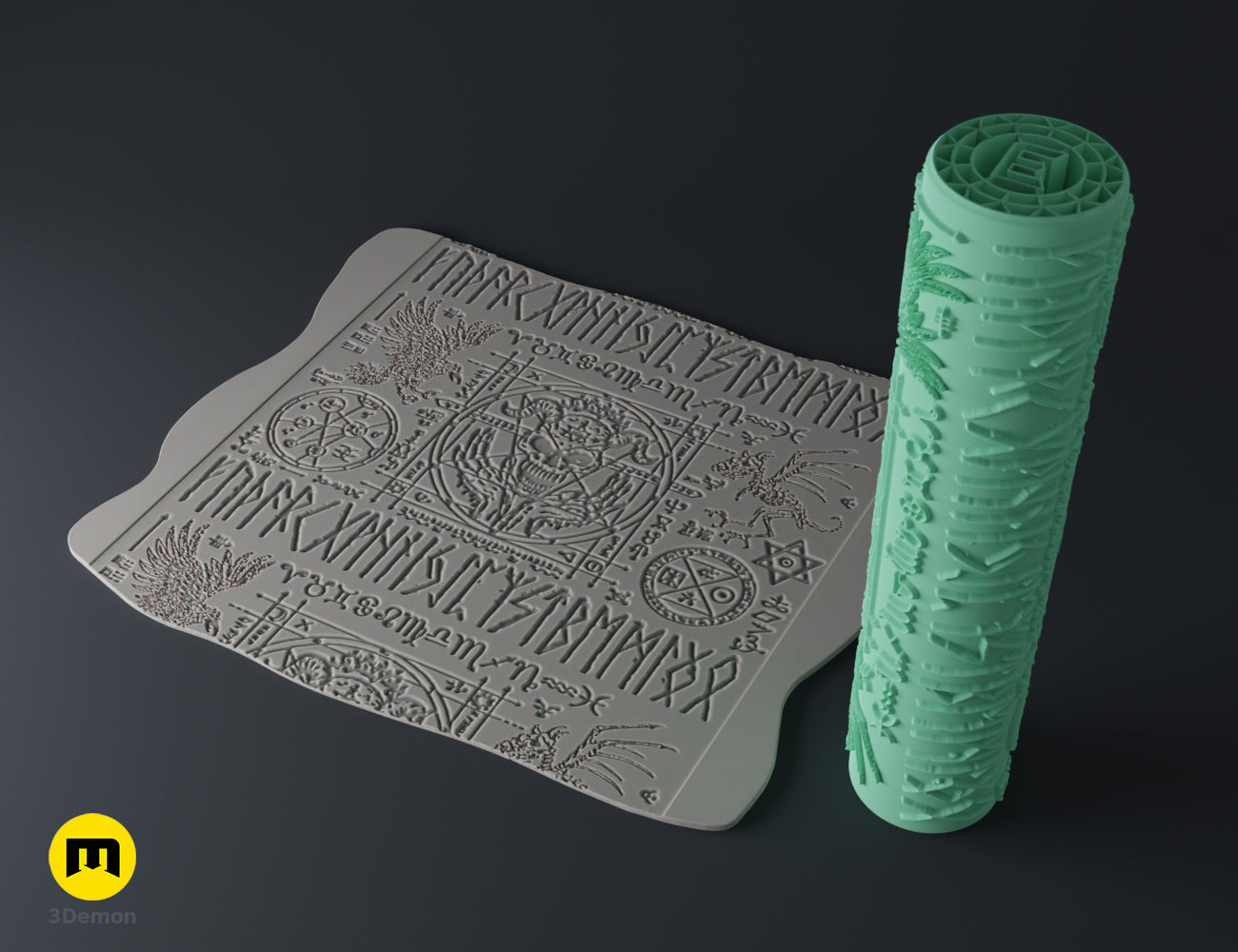 Printable 3D model of DnD terrain rollers - Symbols, intricately carved grey and green cylindrical STL.