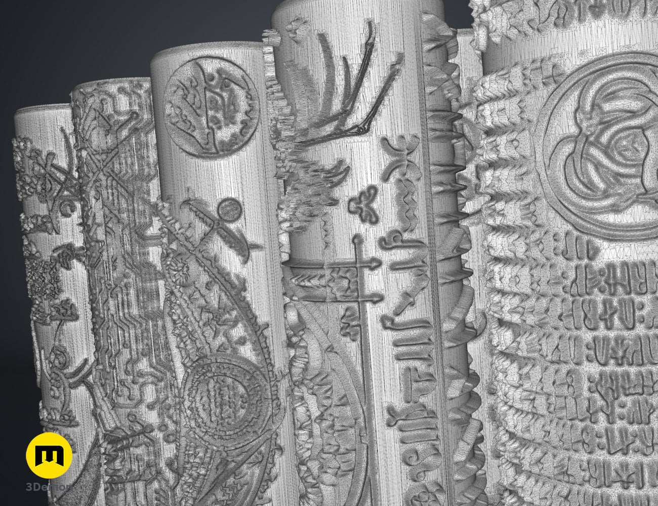 3D model render of DnD terrain rollers - Symbols, intricate carved Egyptian hieroglyphs and symbols.