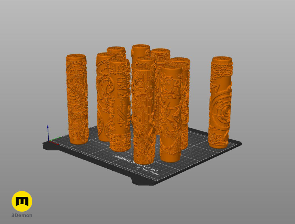 Slicer screenshot of DnD terrain rollers - Symbols, five orange intricately carved 3D printed cylinders.