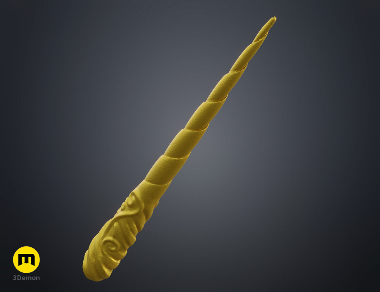 Textured 3D render of Decorated Unicorn Horn STL, golden spiral horn with intricate base design, 3D print.