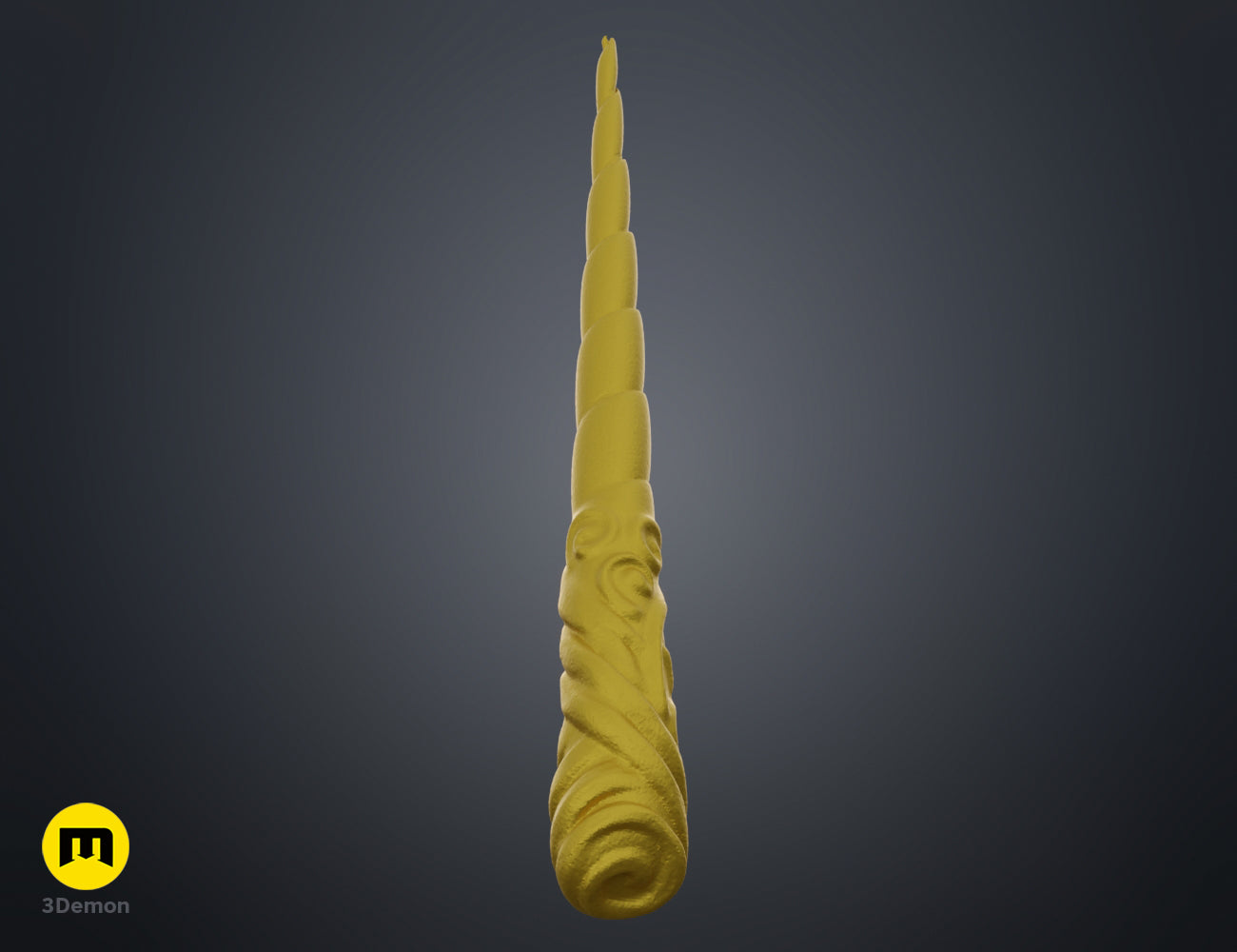 Textured 3D render of Decorated Unicorn Horn STL, golden spiral-wrapped horn, 3D print.