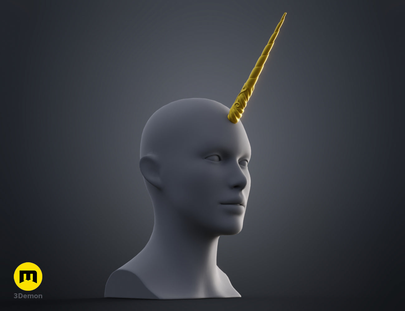 Printable 3D model of Decorated Unicorn Horn, golden spiral tip on grey head base.