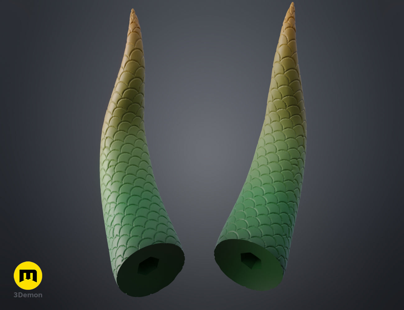 Textured 3D render of Dragon Scale Horns STL, green and gold dual-pronged 3D printed cosplay prop.