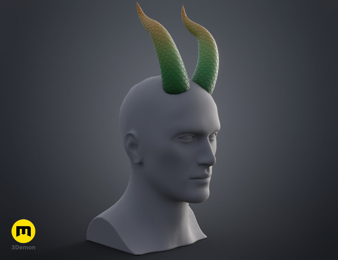 Textured 3D render of Dragon Scale Horns STL, green and brown dual curved horns, cosplay prop.