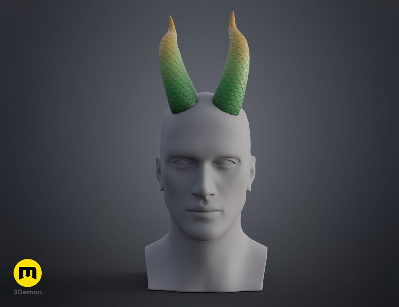 Textured 3D render of Dragon Scale Horns STL, dual green/yellow scaly horns, cosplay prop.