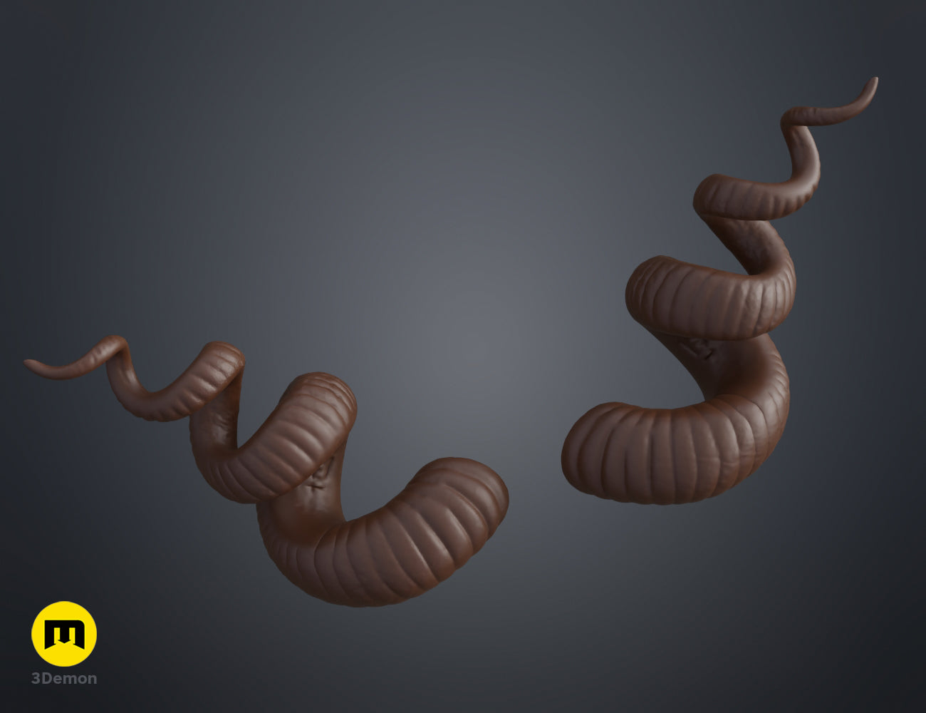 Textured 3D render of Helical horns STL, dual brown twisted spiral horns, 3D print.