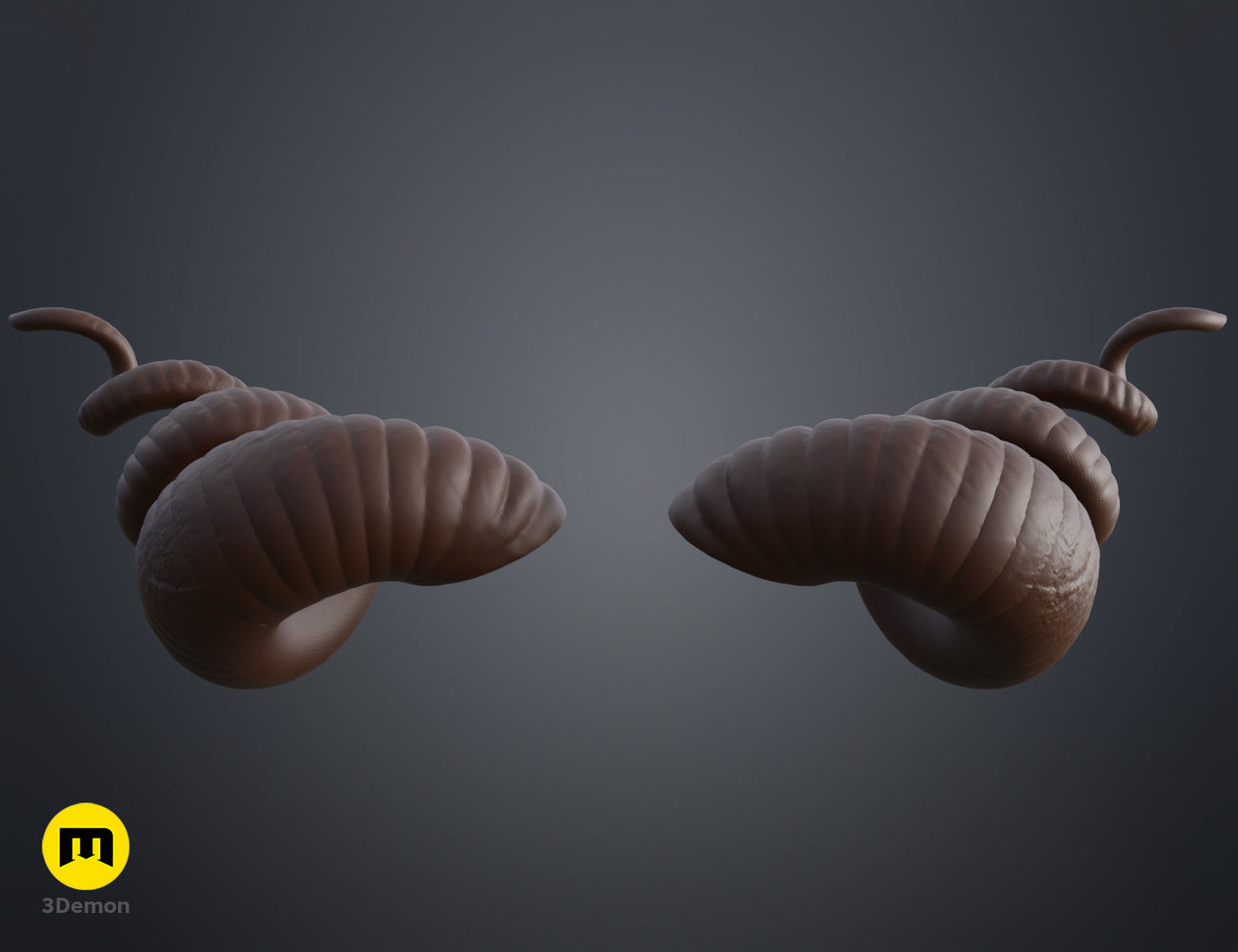 Printable 3D model of Helical horns STL, dual spiraled brown horns with curved tips.