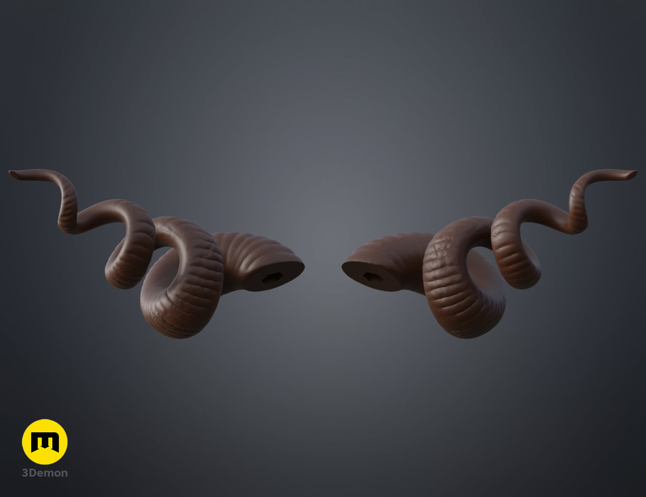 Textured 3D render of Helical horns STL, dark brown twisted dual-horn cosplay prop, 3D print.