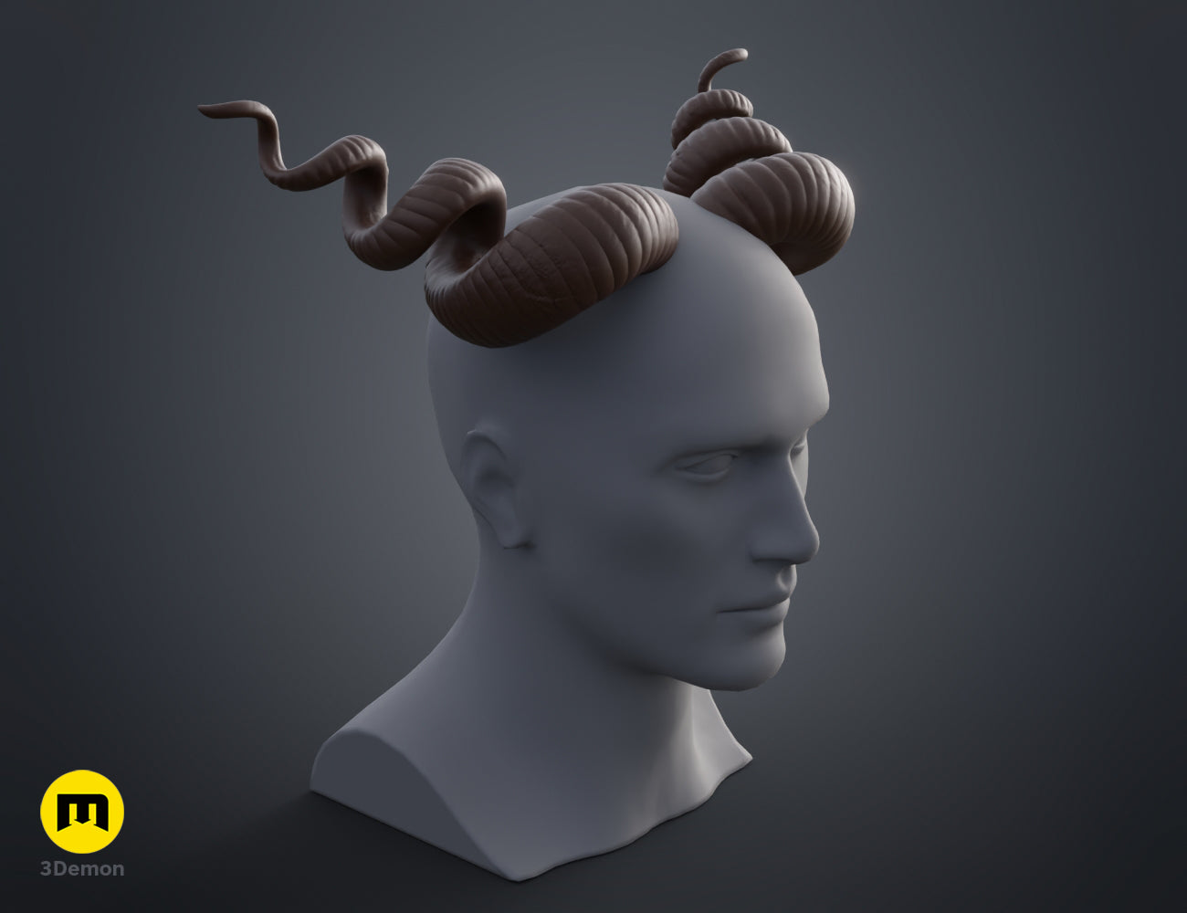 Printable 3D model of Helical horns STL, twisted dual horns, dark grey 3D print.