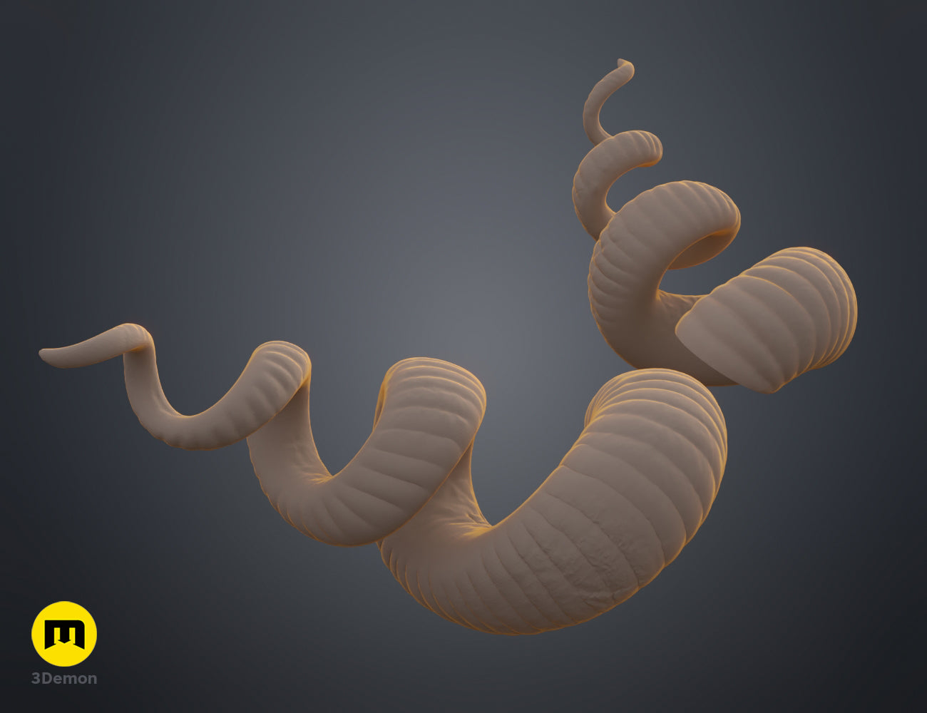Textured 3D render of Helical horns STL, dual curved beige 3D printed horns, cosplay prop.