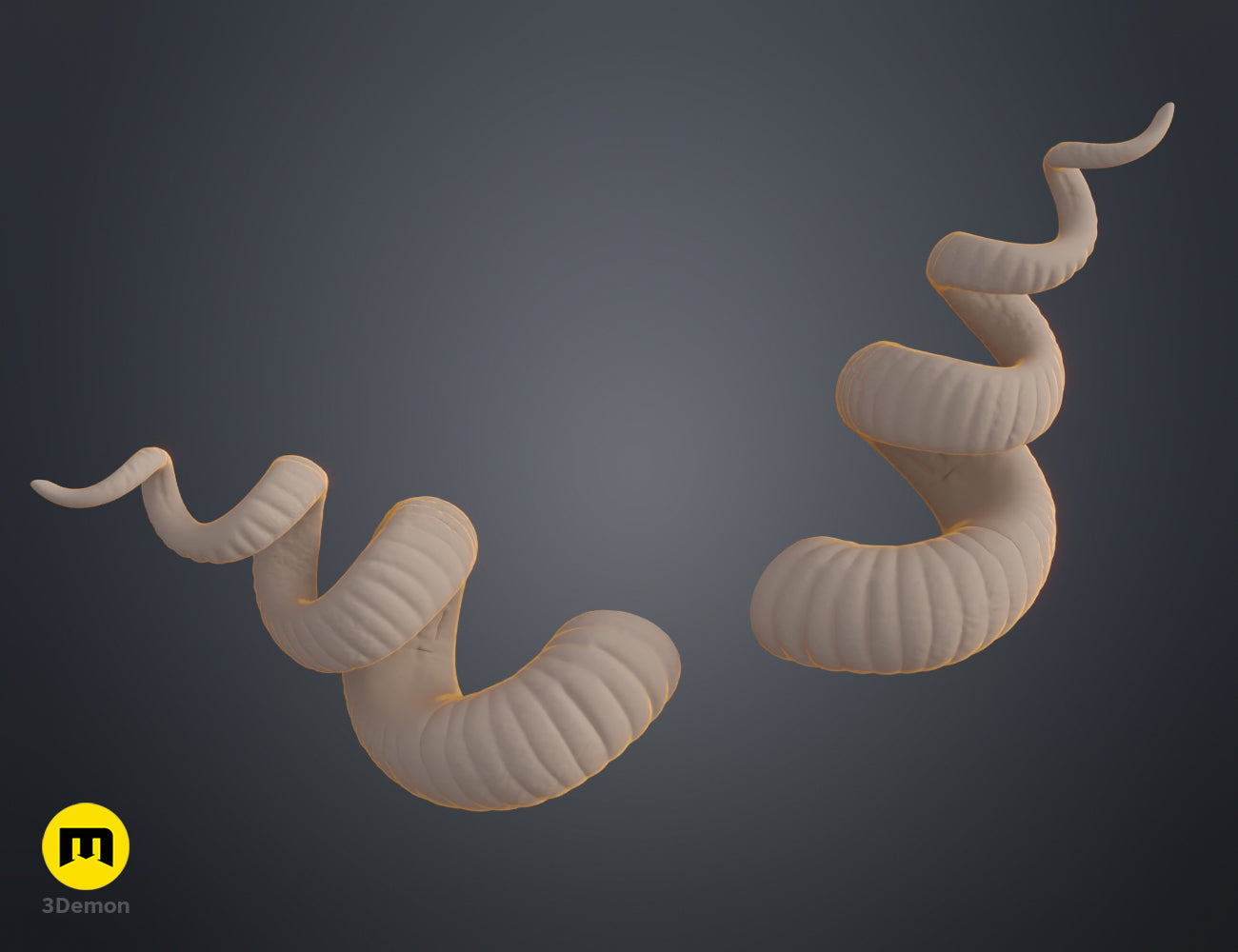Textured 3D render of Helical horns STL, cream-colored twisted spiral horns, 2-part 3D print.