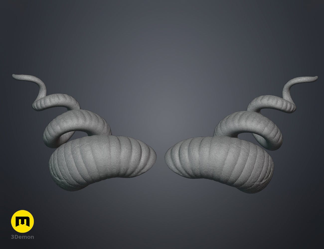 3D model render of Helical horns STL, dual spiraled grey 3D printed horns.